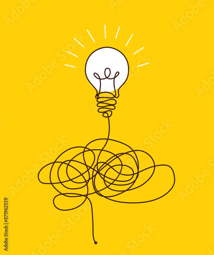 Confusion clarity or path concept idea with lightbulbs. Journey of tangled wires leading to a bright bulb. Business solutions searching. Vector illustration