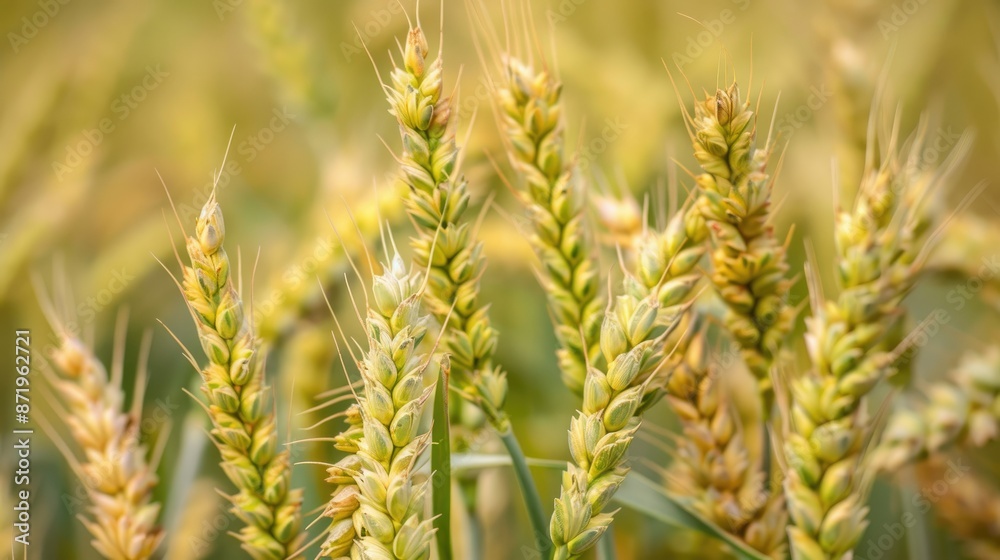 Selective focus with shallow depth of green-yellow wheat heads Selective focus with shallow depth of green-yellow wheat heads