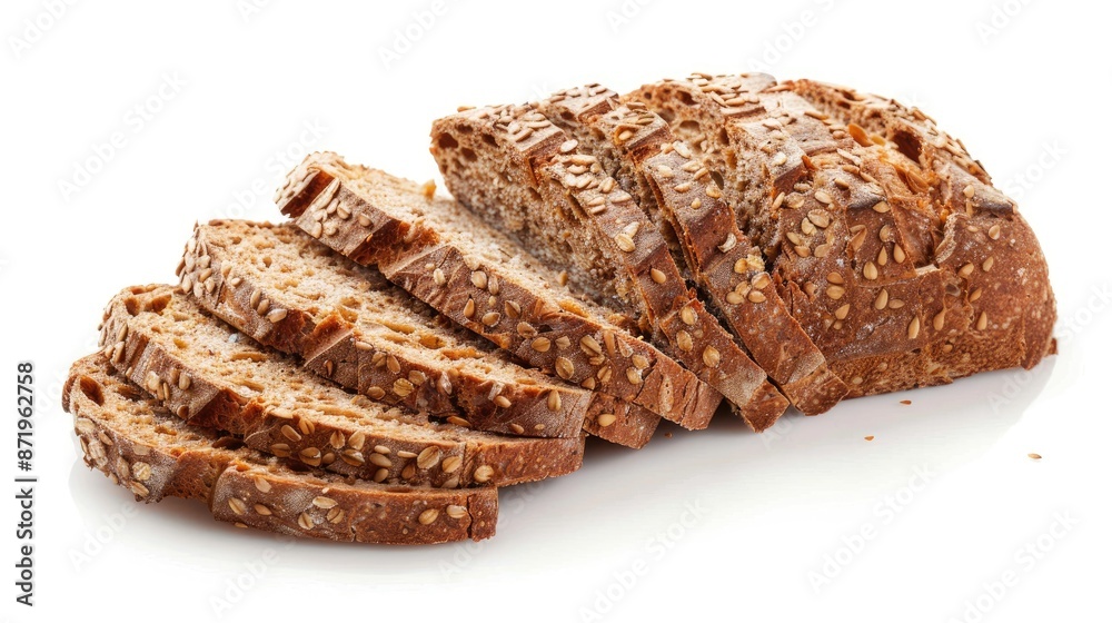 Aromatic whole grain bread slices captured in a minimalist composition against a pure white background, ideal for bakery products or healthy eating themes Aromatic whole grain bread slices captured in a minimalist composition against a pure white background, ideal for bakery products or healthy eating themes