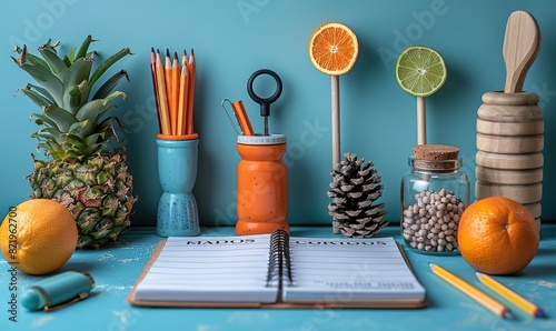 road traffic signs, blank paper notepad on blue background driving school exam concept.stock image