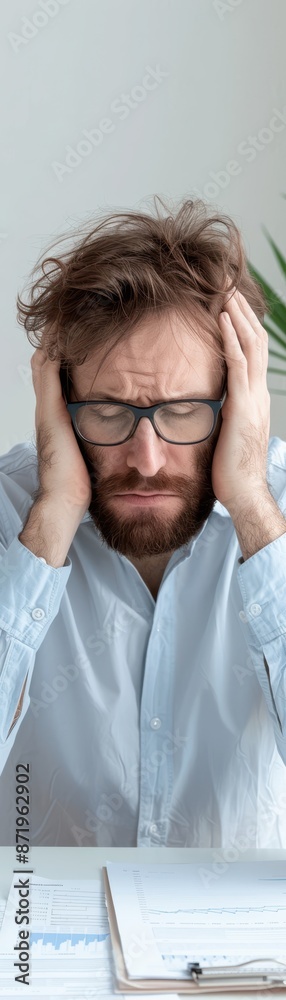 A man with glasses is sitting at a desk and appears to be in a state of distress A man with glasses is sitting at a desk and appears to be in a state of distress