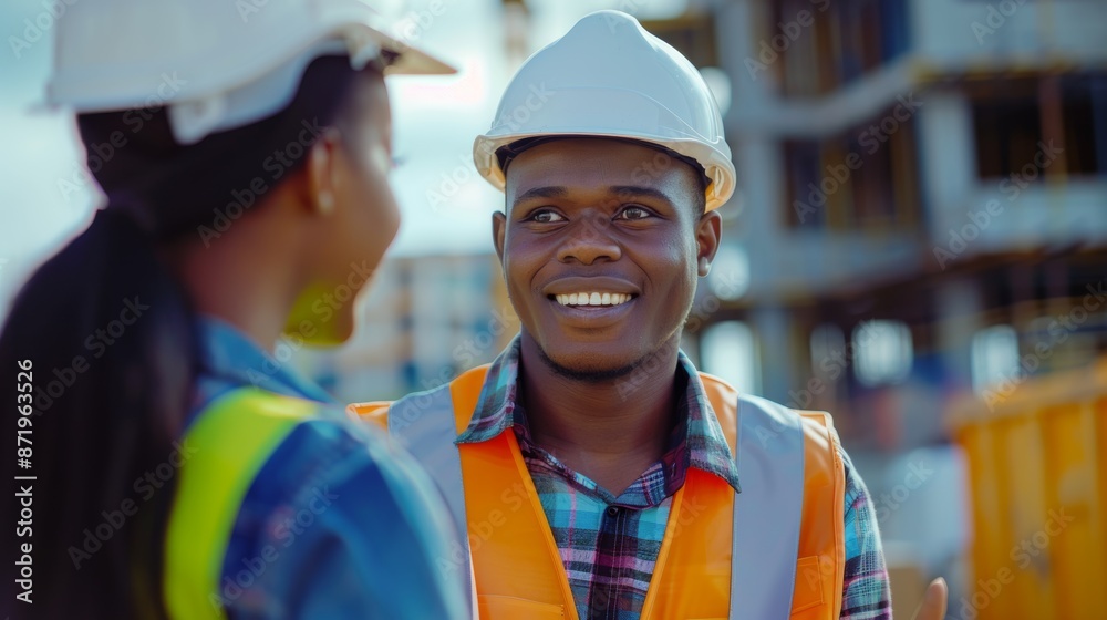 Black architect or engineer with helmet, safety gear, and outdoor lens flare. A construction worker or manager's trust, expertise, and joyful smile with on-site workers for project development Black architect or engineer with helmet, safety gear, and outdoor lens flare. A construction worker or manager's trust, expertise, and joyful smile with on-site workers for project development