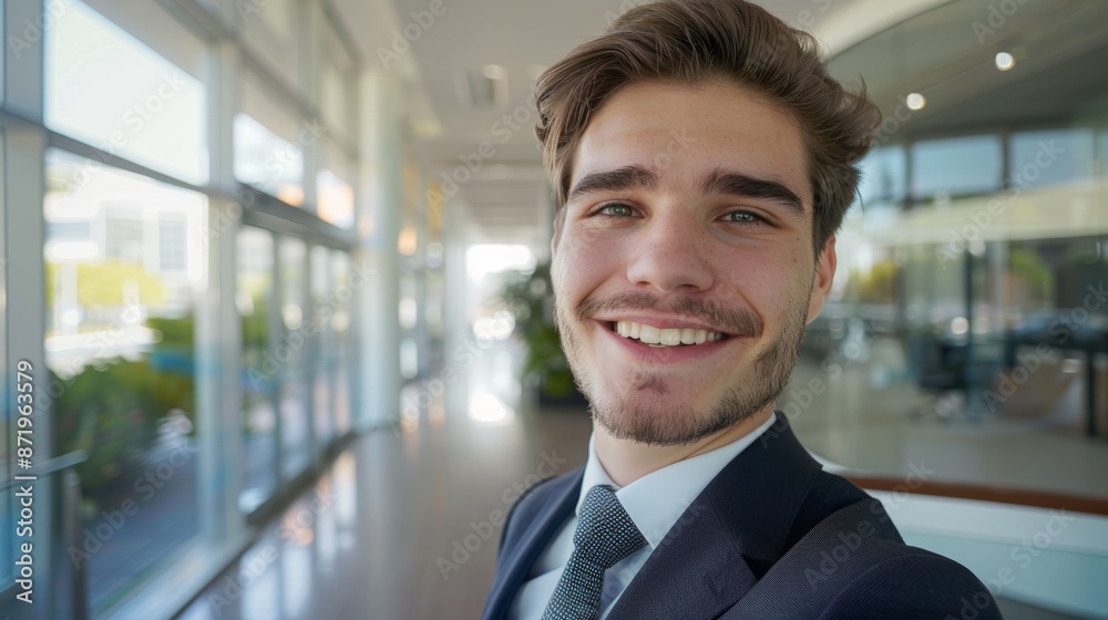 Businessman, smiling selfie at office, confident lawyer with social media profile image. Business, photography, and happy man in law office, corporate attorney with legal professional pride