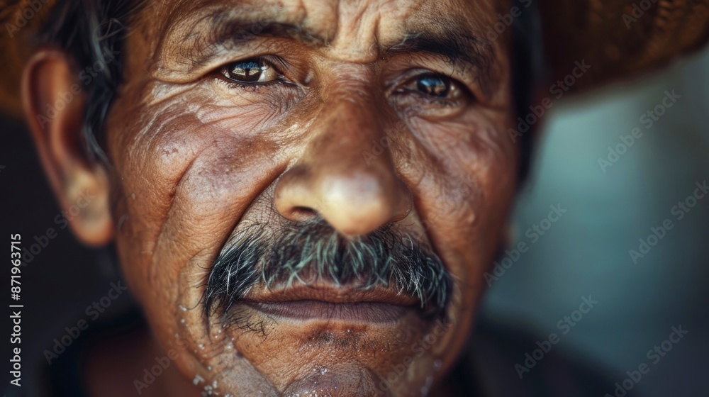 close-up portrait of a Mexican senior man looking at the camera with typical hat close-up portrait of a Mexican senior man looking at the camera with typical hat