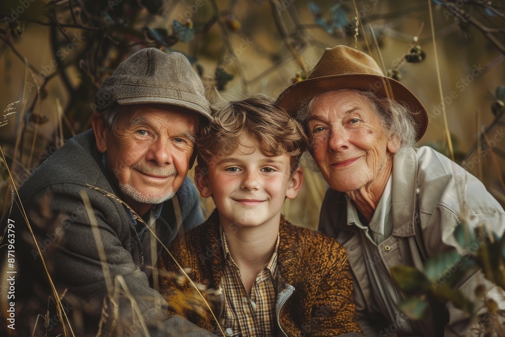 Fototapeta premium Loving Caucasian grandparents with grandchild in nature. A happy boy with his grandparents. A cheerful senior and youngster glance at the camera.