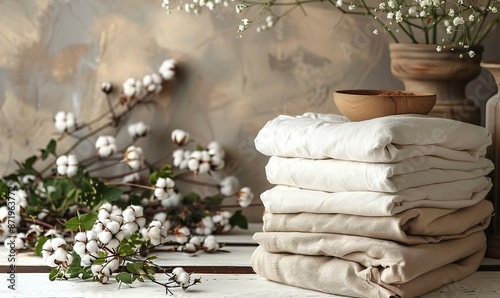 natural organic cotton t shirts, cotton plant flowers on white table eco clothes fashion sustainable lifestyle concept.stock image