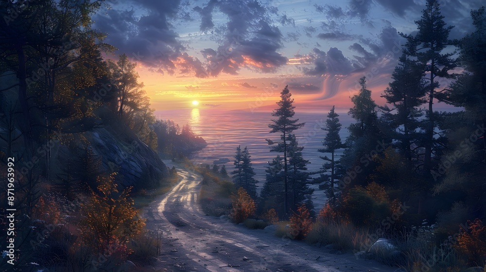Winding road cutting through a dense forest, emerging into the sunlight at the edge of a cliff, dusk setting, ocean vista in the distance, hyper-realistic rendering. Winding road cutting through a dense forest, emerging into the sunlight at the edge of a cliff, dusk setting, ocean vista in the distance, hyper-realistic rendering.