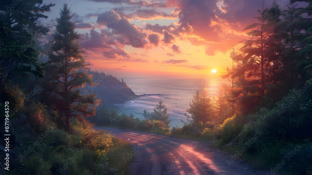 Winding road cutting through a dense forest, emerging into the sunlight at the edge of a cliff, dusk setting, ocean vista in the distance, hyper-realistic rendering. Winding road cutting through a dense forest, emerging into the sunlight at the edge of a cliff, dusk setting, ocean vista in the distance, hyper-realistic rendering.