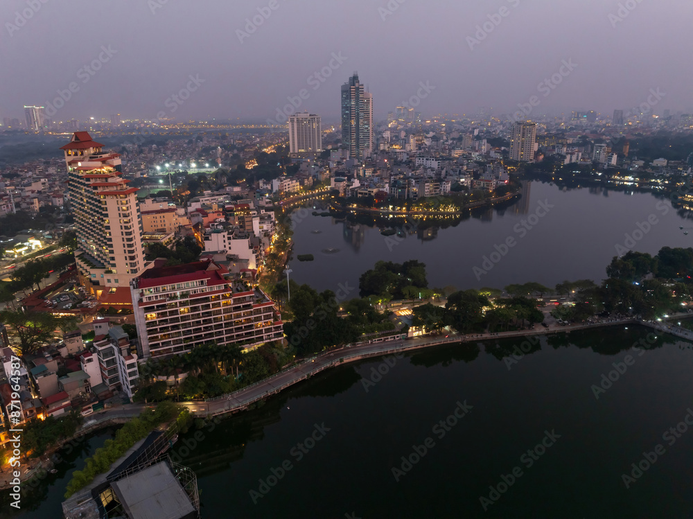 Obraz premium Aerial drone top view of Thanh Nien street at twilight with Tran Quoc temple