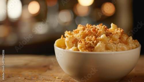 Delicious baked mac and cheese with crunchy breadcrumb topping served in a white bowl on a rustic wooden table.