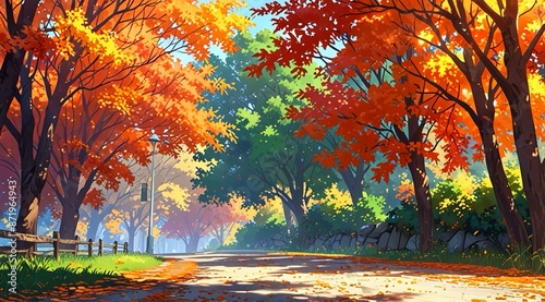 Colorful fall trees arch over a quiet walkway, creating a picturesque and peaceful landscape anime wallpaper