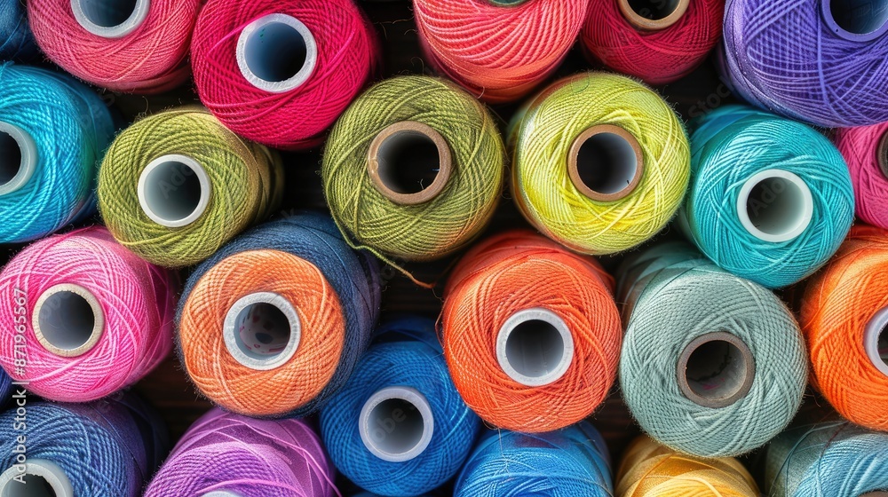 Artistic arrangement of various spools of thread in bright colors, ideal for depicting creativity and sewing essentials in a close-up shot Artistic arrangement of various spools of thread in bright colors, ideal for depicting creativity and sewing essentials in a close-up shot