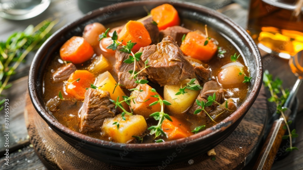 A bowl of hearty beef stew with chunks of tender meat, carrots, and potatoes A bowl of hearty beef stew with chunks of tender meat, carrots, and potatoes