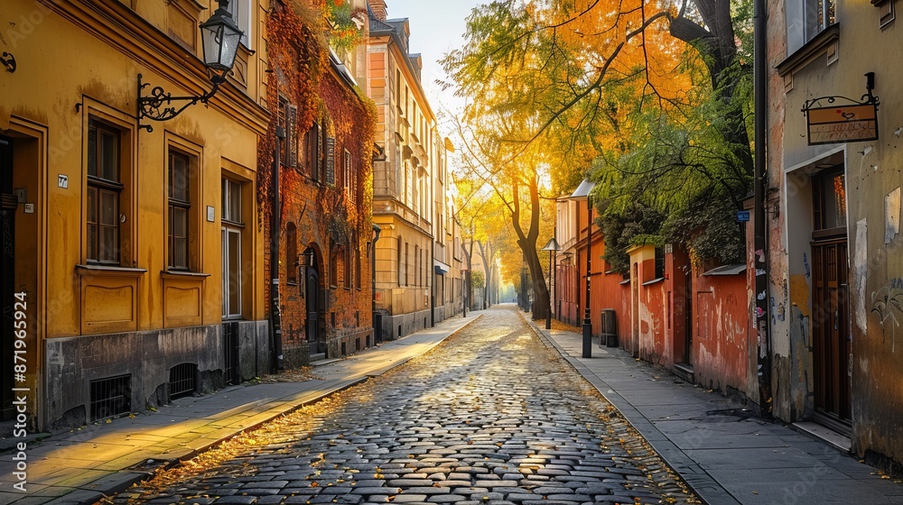 Fototapeta premium Autumn view of the birch street in the morning in Warsaw's Old Town, Poland