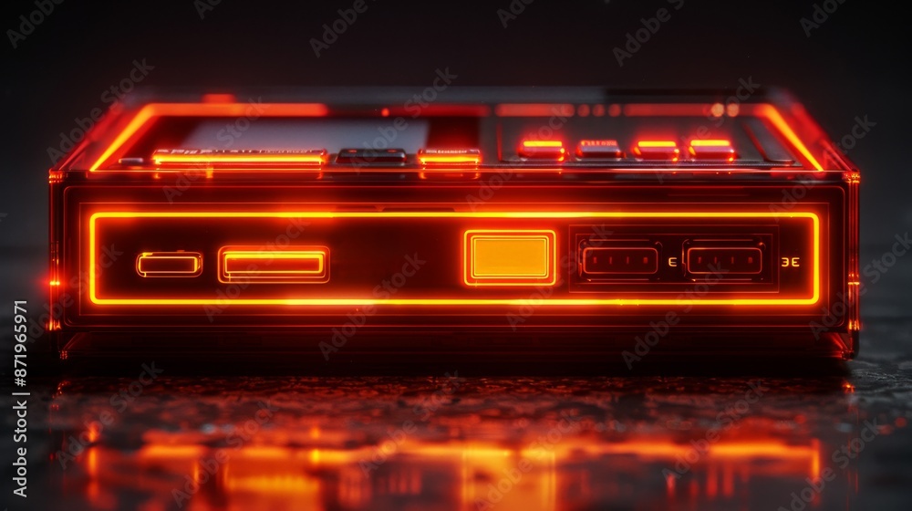 Create a neon light display of a retro video game console, inviting players to press start and embark on an Create a neon light display of a retro video game console, inviting players to press start and embark on an