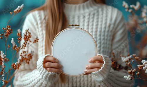 woman s hands holding embroidery hoop mockup over blue background, cross stitch accessories.stock image photo