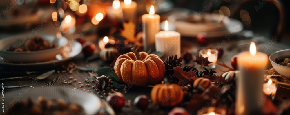 Elegant Thanksgiving table setting with candles, pumpkins, and autumn decorations creating a festive ambiance. Elegant Thanksgiving table setting with candles, pumpkins, and autumn decorations creating a festive ambiance.