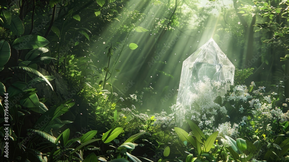 Fototapeta premium Artistic depiction of a sparkling crystal amidst lush greenery and dappled sunlight, creating a magical atmosphere in an enchanted forest