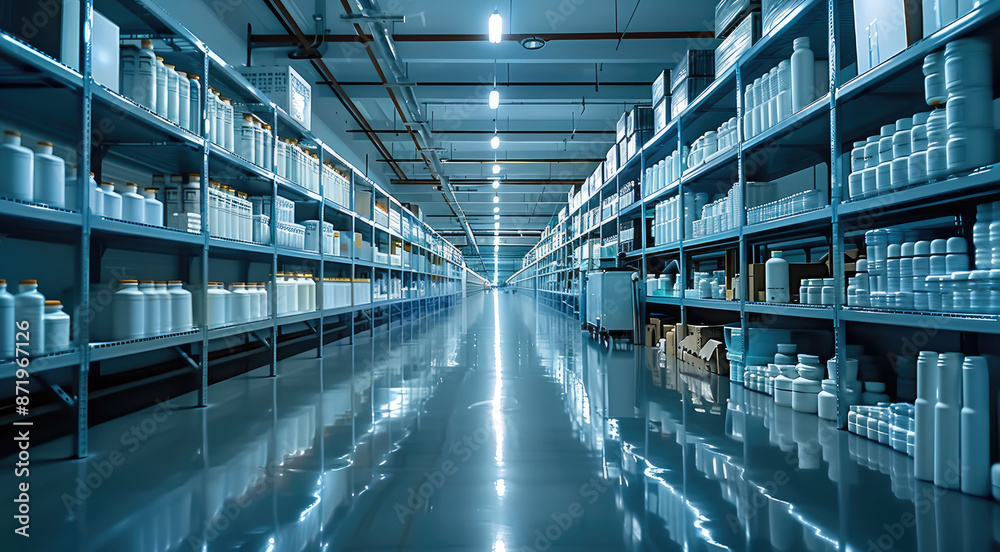 Fototapeta premium A medicine company storage factory, clean. Generative AI.