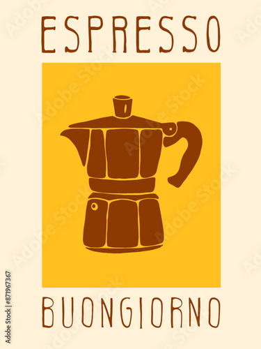 Modern Poster Placat with Moka Espresso Coffee Machine in Block Print Style for Kitchen Bistro Restaurant 