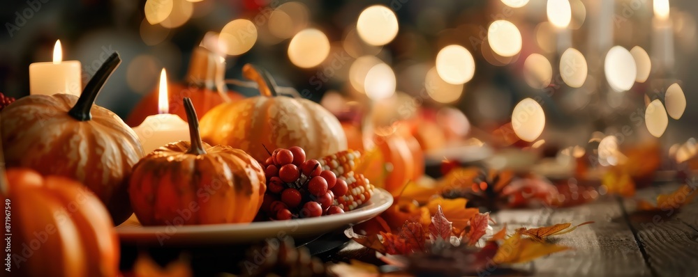 Festive Thanksgiving table setup with pumpkins, candles, and autumn leaves, creating a warm holiday atmosphere. Festive Thanksgiving table setup with pumpkins, candles, and autumn leaves, creating a warm holiday atmosphere.