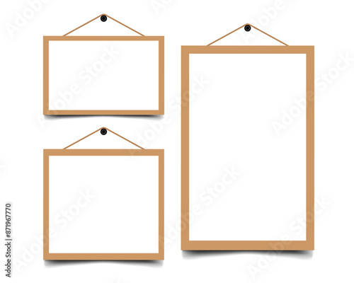 Collection of wall photo frame templates. Vector frame with hanger rope. Interior decor frames for paintings and photos