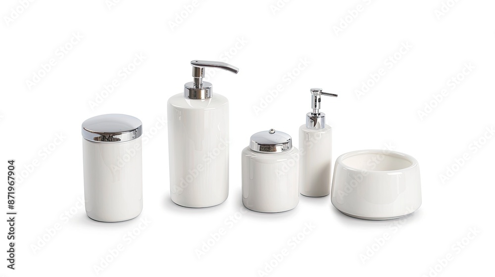 A set of five white ceramic bathroom accessories, including soap dispensers, a toothbrush holder, and a soap dish, all with silver accents