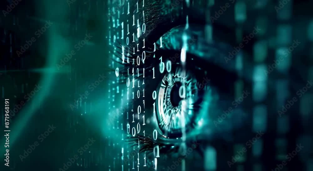 A close up of an digital eye and digital binary code