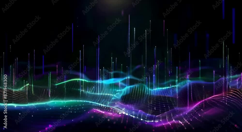 A digital colorful lines and futuristic particle digital waves against on black background