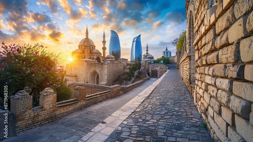 Baku city, Azerbaijan, view of the historical mosques and the walls of Shirvanshahs palace in the Old town and modern glass Flower Towers skyscrapers in dramatic sunset light