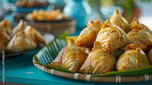 Close up of ketupats on blue table photo