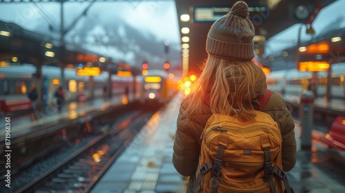 Depict a student exploring a foreign country by train, hopping from city to city on an eco-friendly Eurail pass, experiencing