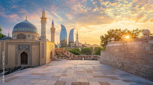 Baku city, Azerbaijan, view of the historical mosques and the walls of Shirvanshahs palace in the Old town and modern glass Flower Towers skyscrapers in dramatic sunset light