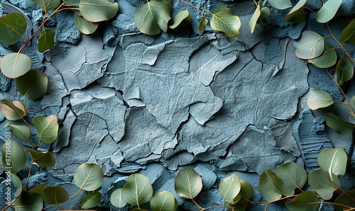 eucalyptus branches on a rough stone surface top view wediing invitation card mockup.stock image photo