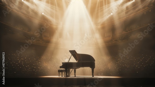 Grand piano illuminated on stage with dramatic lighting in a concert hall, showcasing elegance and musical passion.
