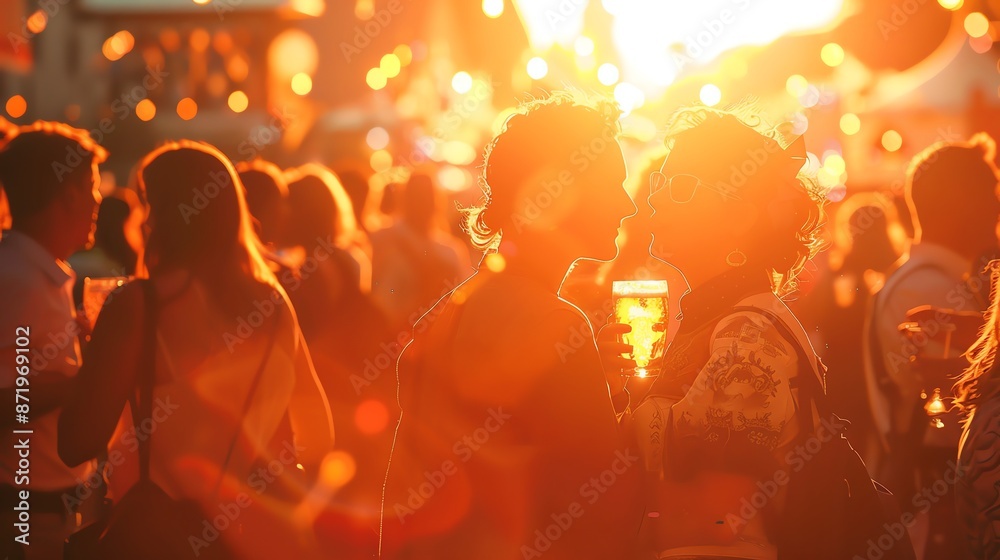 Silhouettes of people enjoying a summer festival at sunset.
