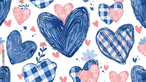 Seamless pattern with blue and pink hearts and flowers on a white background.