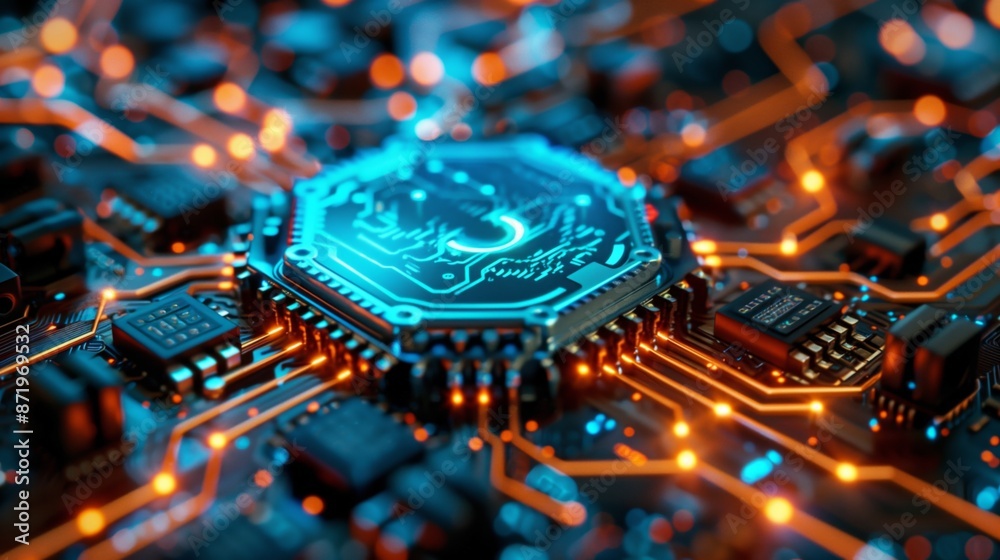 Fototapeta premium A close-up image of a circuit board, focusing on a glowing blue chip surrounded by orange wiring. The image highlights the intricate details of modern technology.
