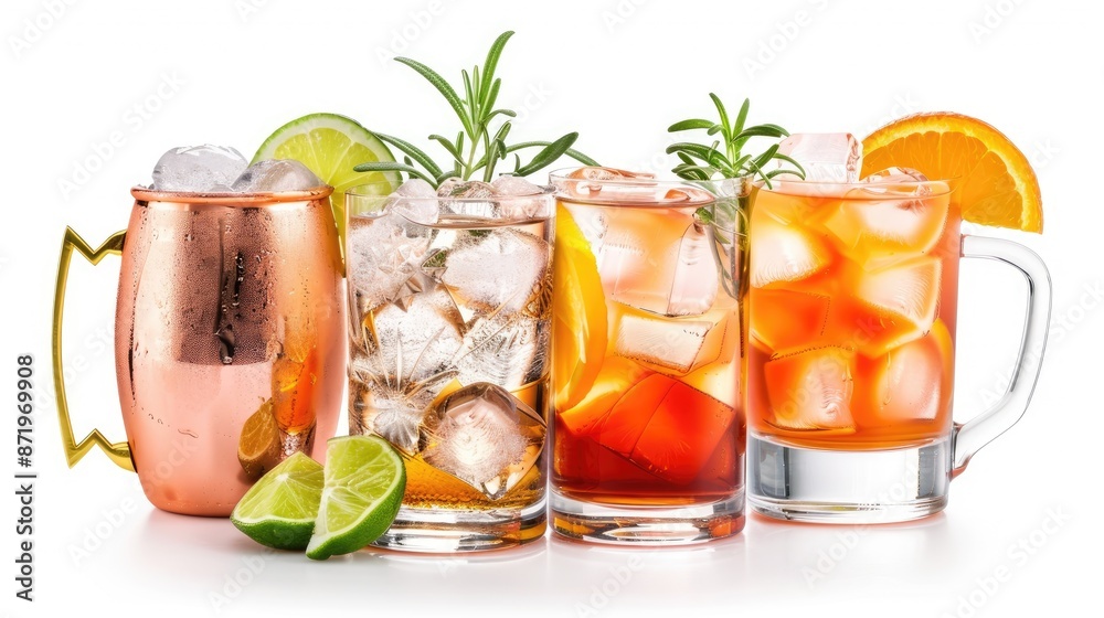 A variety of colorful cocktails in different glasses, garnished with citrus and herbs. A variety of colorful cocktails in different glasses, garnished with citrus and herbs.