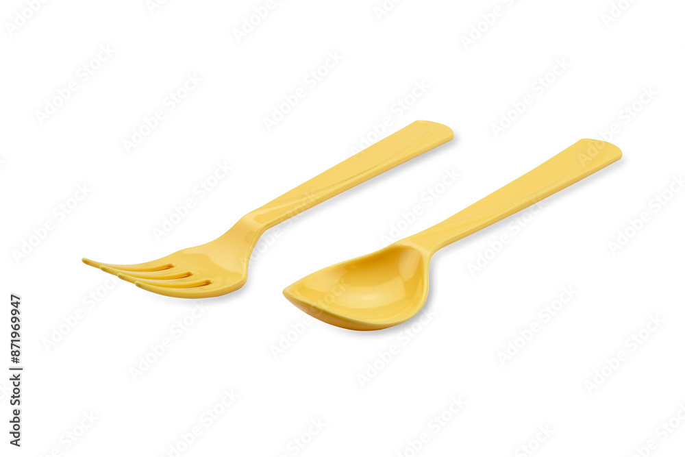 Yellow plastic spoon and fork isolated on white background with clipping path. Yellow plastic spoon and fork isolated on white background with clipping path.