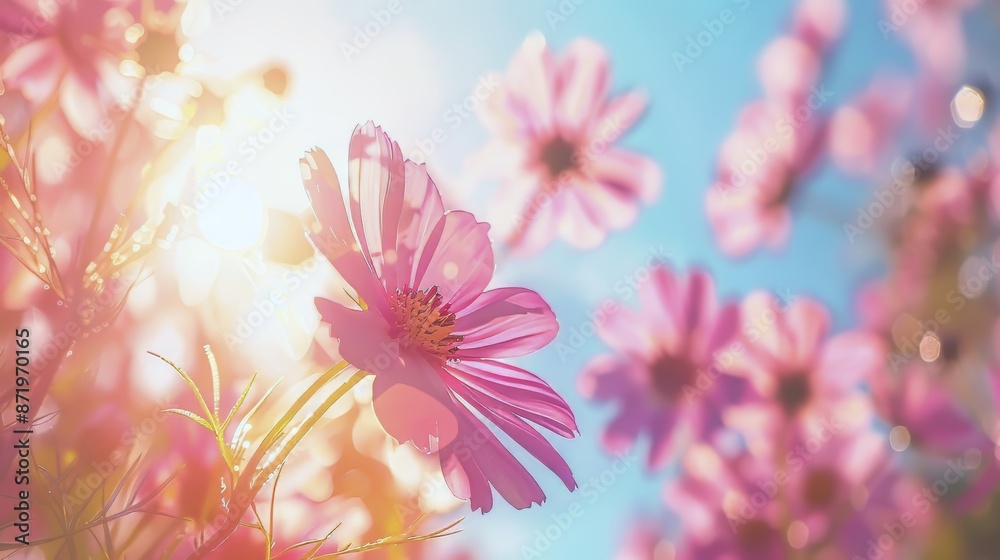Vibrant pink flowers basking in the warm sunlight against a clear blue sky. Vibrant pink flowers basking in the warm sunlight against a clear blue sky.
