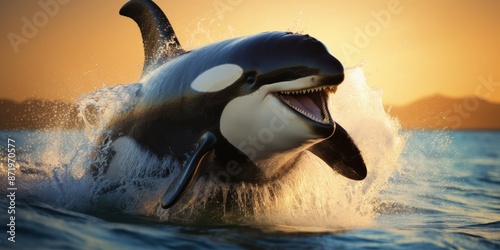 Killer Whale Leaping out of the Water at Sunset