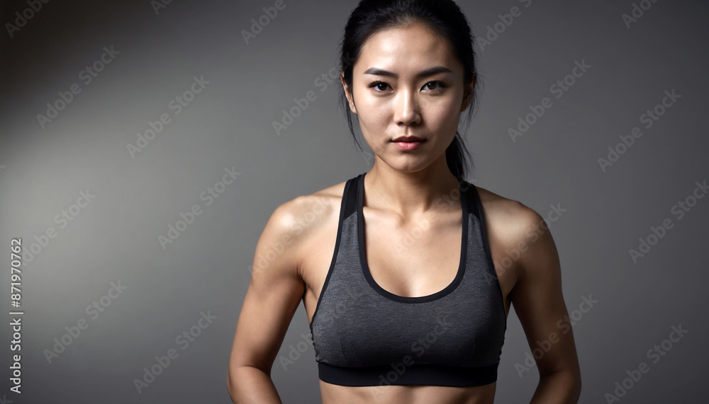 Fototapeta premium Young athletic asian woman posing in sports bra after exercising