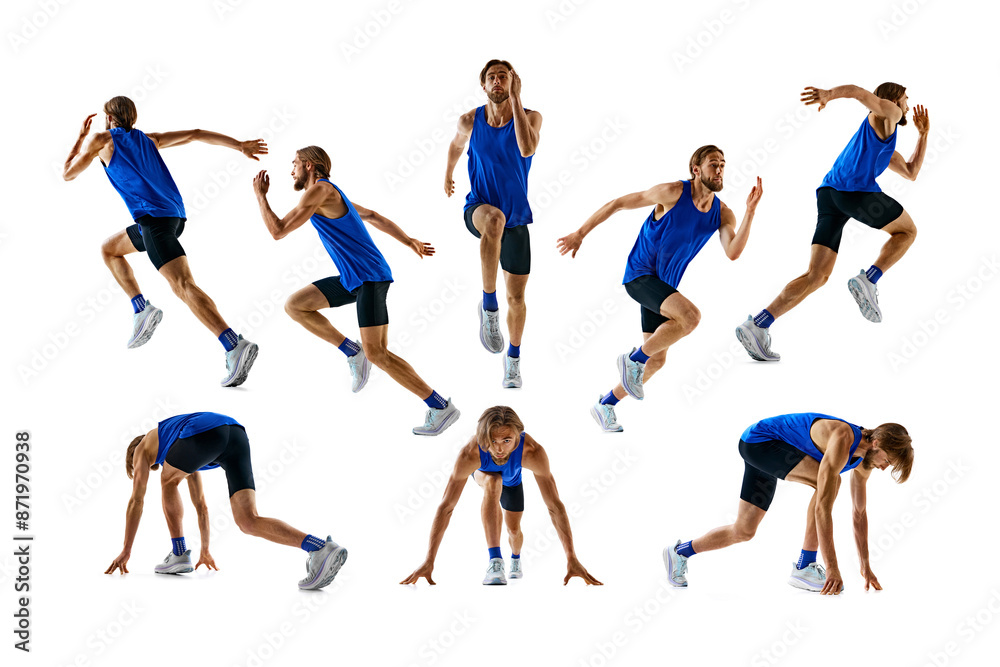 Set, collage. Dynamic images of athletic young man, runner in blue uniform developing speed and endurance isolated on white background. Sport, marathon, competition, health, active lifestyle concept Set, collage. Dynamic images of athletic young man, runner in blue uniform developing speed and endurance isolated on white background. Sport, marathon, competition, health, active lifestyle concept