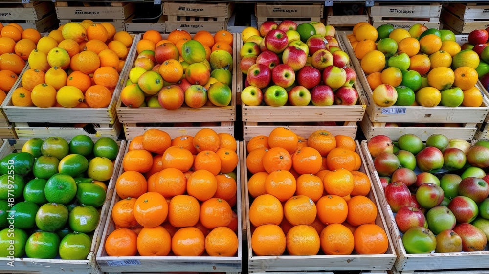 Oranges stacked in wooden crates on shelves at a grocery store, with other produce visible in the background. Oranges stacked in wooden crates on shelves at a grocery store, with other produce visible in the background.