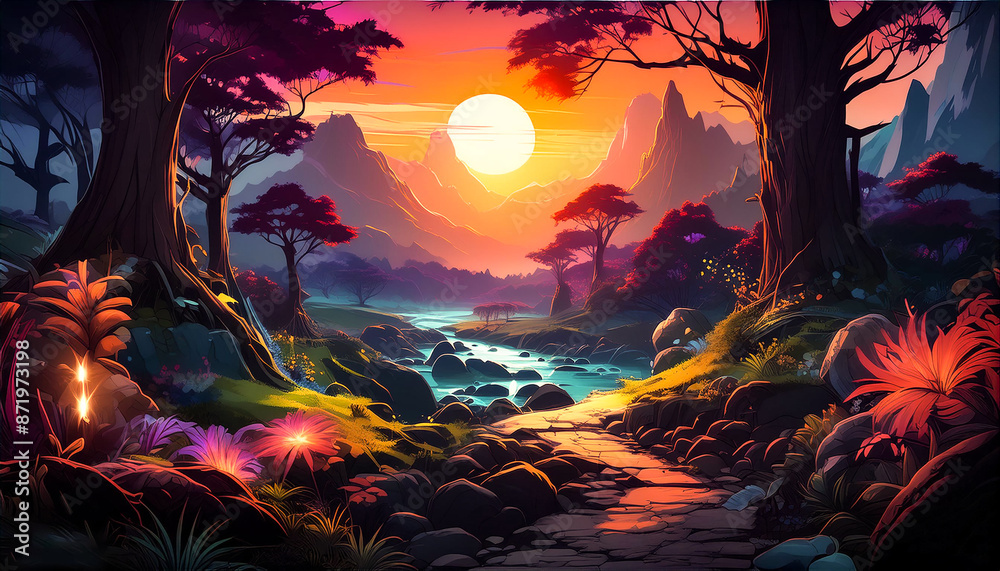 Fototapeta premium Bright sunset illuminates the dark forest creating a magical landscape generated by artificial intelligence