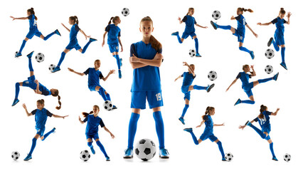 Dynamic image of teen girl, football player in blue uniform training, in motion with ball isolated on white background. Set, collage. Concept of sport, active and healthy lifestyle, childhood, school