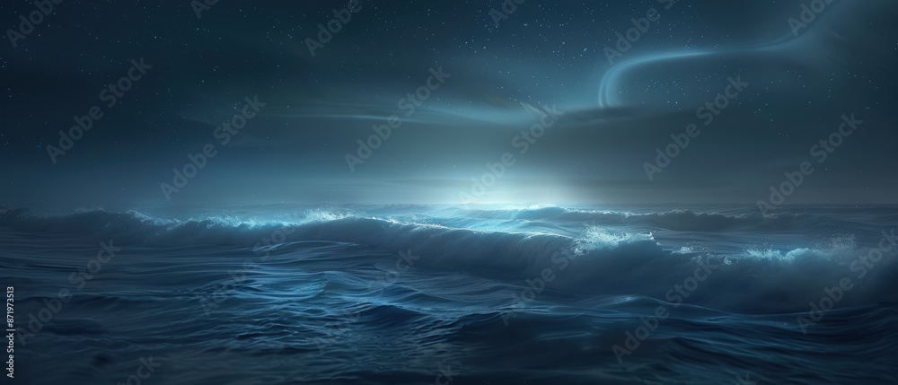 Naklejka premium Scenic ocean view at night with calm waves and a mystical atmosphere under a dark, cloudy sky with soft light peeking through.