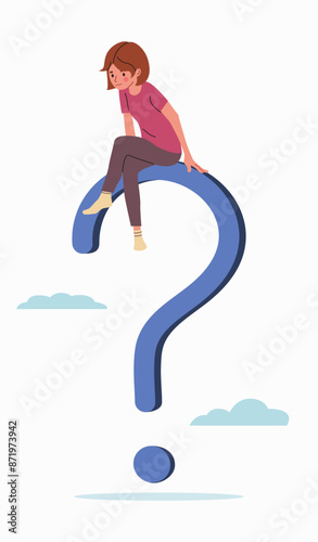 Teenager or child sitting on a question mark. Vector illustration.