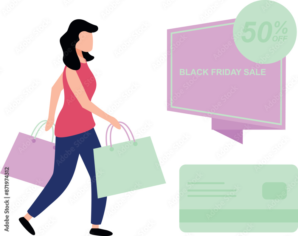 The girl is shopping at the Black Friday sale.